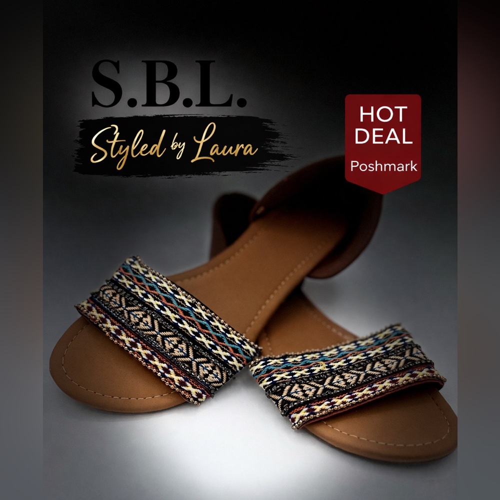 - Andiamo Beaded Boho Slide Sandals | Size 8.5 Wide | Multicolor Fabric / SBL